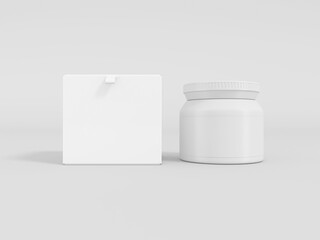 Cosmetic Plastic jar with packaging box and label mockup. 3D Rendered Illustration.