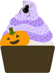 Halloween cupcakes. Cute kids in pumpkin, cat, vampire, witch hat, bat, skeleton and black cat costumes.