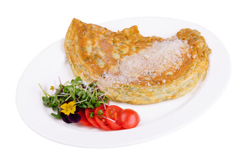 Tasty homemade classic omelet with cherry tomatoes