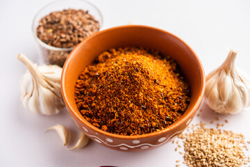 Jawas or Javas chutney made using Flax seeds, flaxseeds powder, garlic, red chilly, Indian relish