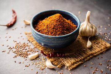 Jawas or Javas chutney made using Flax seeds, flaxseeds powder, garlic, red chilly, Indian relish