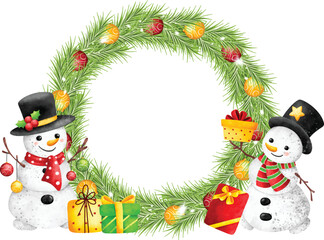 Illustration Christmas Wreath with Snowman and gifts