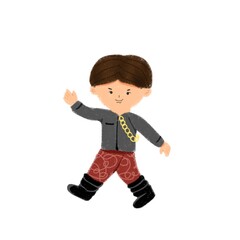 boy walking and waving using boots and stage outfit
