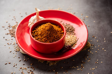 Jawas or Javas chutney made using Flax seeds, flaxseeds powder, garlic, red chilly, Indian relish