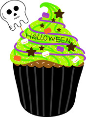Halloween cupcakes. Cute kids in pumpkin, cat, vampire, witch hat, bat, skeleton and black cat costumes.