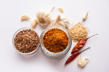 Jawas or Javas chutney made using Flax seeds, flaxseeds powder, garlic, red chilly, Indian relish