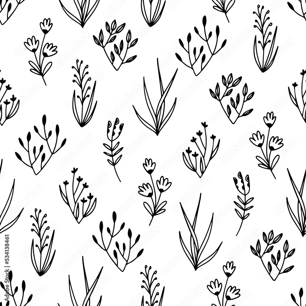 Poster vector pattern white and black leaves and bushes lines in line-art style. seamless graphic pattern.