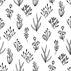 Fototapeta premium Vector pattern white and black leaves and bushes lines in line-art style. Seamless graphic pattern.