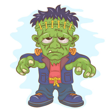 Cartoon Frankenstein. Colorful Halloween Character, Frankenstein with a menacing look. Halloween mascot cartoon. Positive and unique design. 