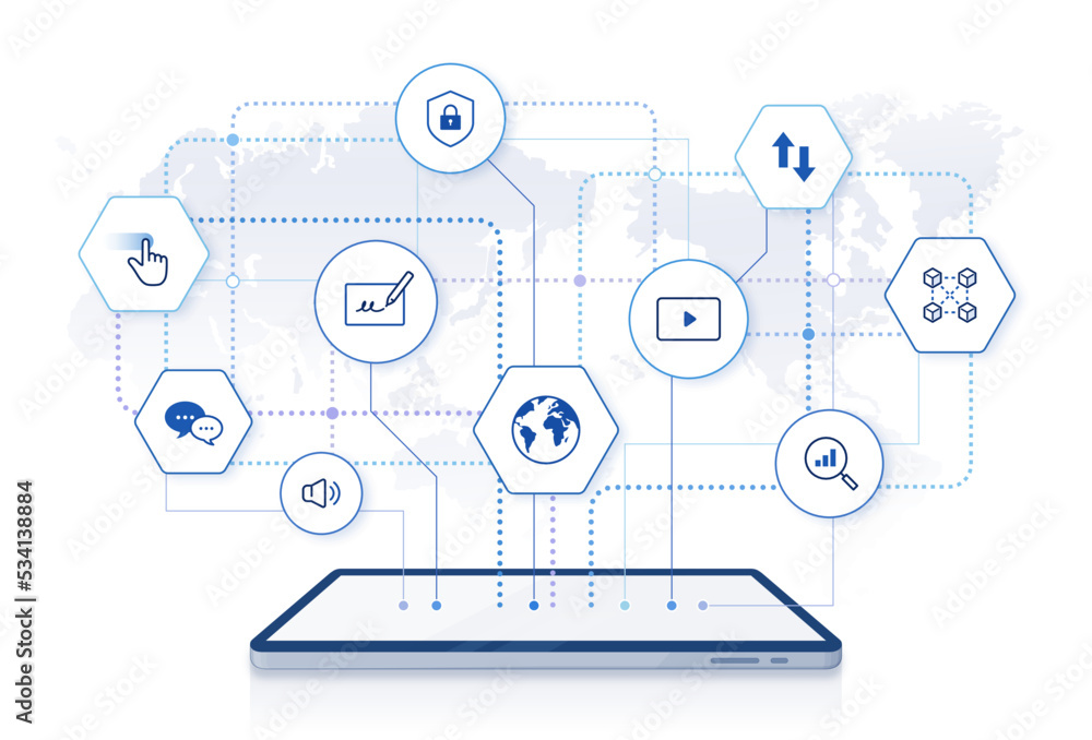 Poster digital network illustration: editable stroke online network icons with tablet pc. technology platfo