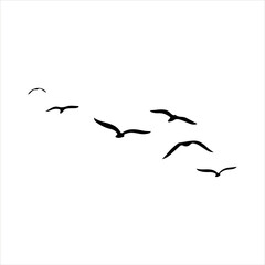 A Hand Drawn Flock of Flying Birds and Sun. Monochrome Bird Silhouettes.
