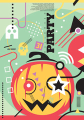 Abstract pumpkin head graphic with various geometric shapes and design elements. Contemporary poster design for Halloween party. Vector illustration.