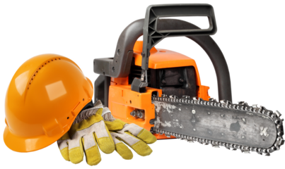 Chain saw, protective gloves and orange hard hat isolated, safety gear concept
