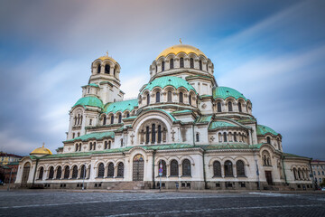 Fototapeta na wymiar St Alexander Nevski Cathedral in Sofia at dramatic sky, Bulgaria, Eastern Europe