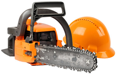 Fototapeta premium Chain saw and orange hard hat isolated, safety gear concept
