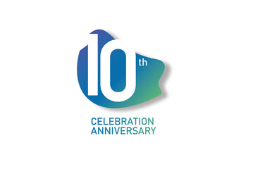 Obraz premium 10 year anniversary celebration fun style logotype. anniversary white logo with green blue color isolated on red background, vector design for celebration, invitation and greeting card - Vector