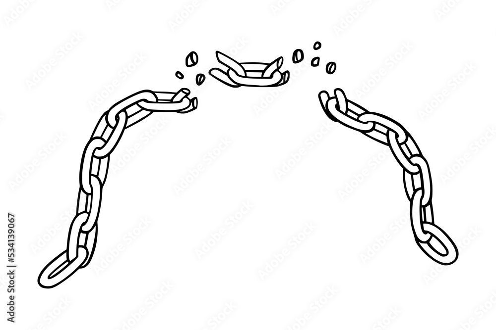 Poster broken chain with shatters as symbol of strength and unity. sketch of metal chains. vector illustrat