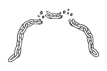 Broken chain with shatters as symbol of strength and unity. Sketch of metal chains. Vector illustration isolated in white background