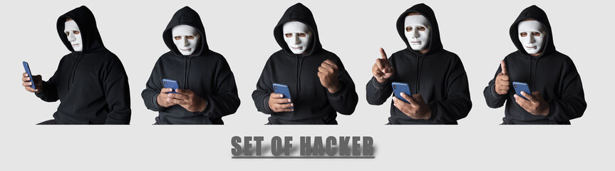Set of images of an anonymous masked hacker using a smartphone to hack credit card financial...