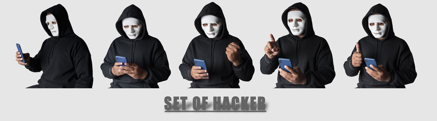 Set of images of an anonymous masked hacker using a smartphone to hack credit card financial information. concept of hacking and malware