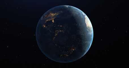 Blue planet earth in dark space. Half of the planet is illuminated, the other is the dark side.