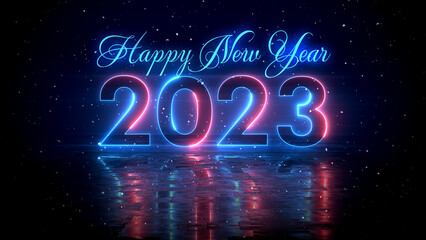 Futuristic Red Blue Glowing Neon Light Happy New Year 2023 Lettering With Floor Reflection Amid The Falling Snow On Dark Background