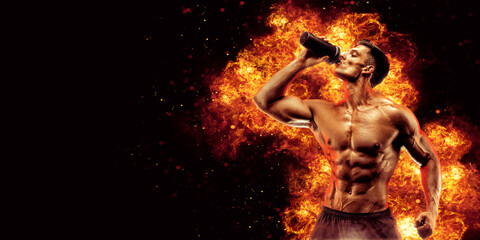 Fototapeta na wymiar Muscular man with protein drink in shaker over dark background with fire flames