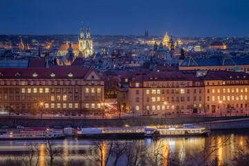 Fototapeta na wymiar Above Prague old town and river Vltava at dawn, Czech Republic