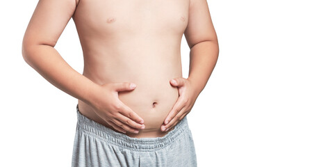 Body of a boy, shirtless, on a white background.