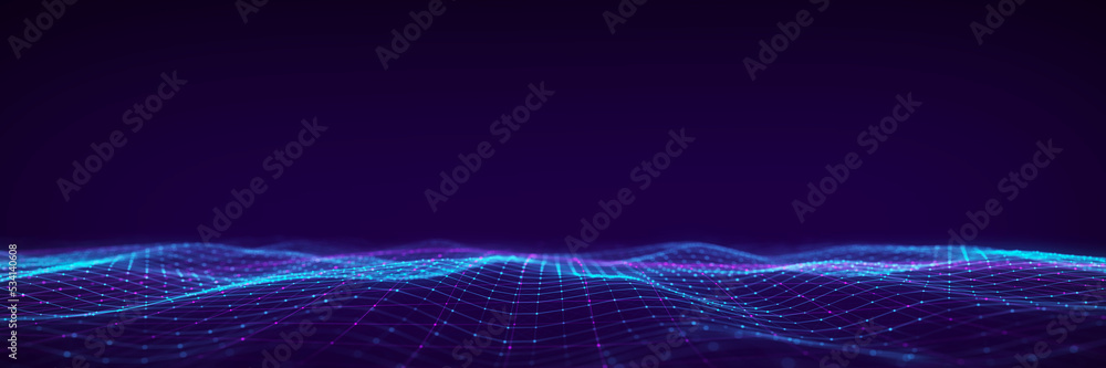 Poster 3D digital dynamic wave. Flow digital structure. Secure cybersecurity data connection. Cyber technology background. 3D rendering.