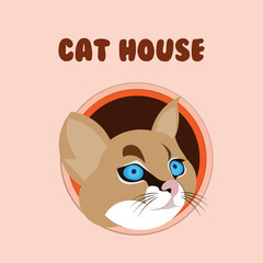Cute cat in cat house. Flat vector illustration.