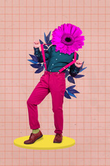 Collage photo of young funny student headless flower nice neon costume celebrate party nightclub...