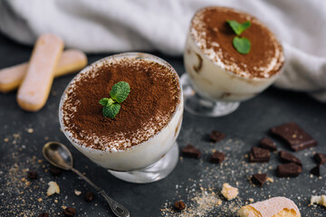 dessert tiramisu in glass close up