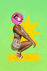 Collage 3d image of pinup pop retro sketch of stylish sexy woman dancer disco ball instead head enjoy party nightclub advertisement promo