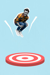 Vertical collage photo of funny carefree positive man jump fall in darts target achievement goal...