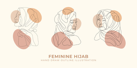 Hand draw feminine hijab outline with shapes decorative illustration,women hijab,outline design
