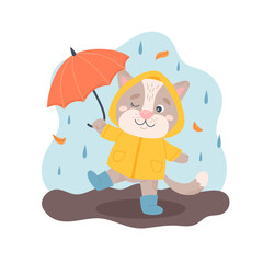 Obraz na płótnie Canvas Cat with umbrella under the rain. Autumn character, outdoors activity. Cute seasonal vector illustration in flat cartoon style