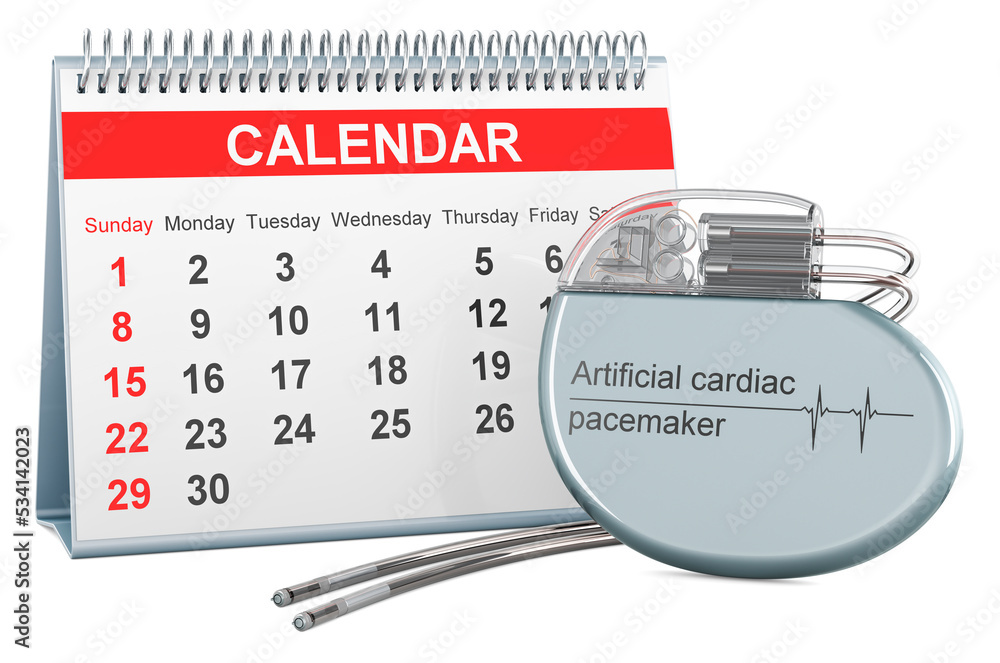 Aufkleber artificial cardiac pacemaker with desk calendar, 3d rendering