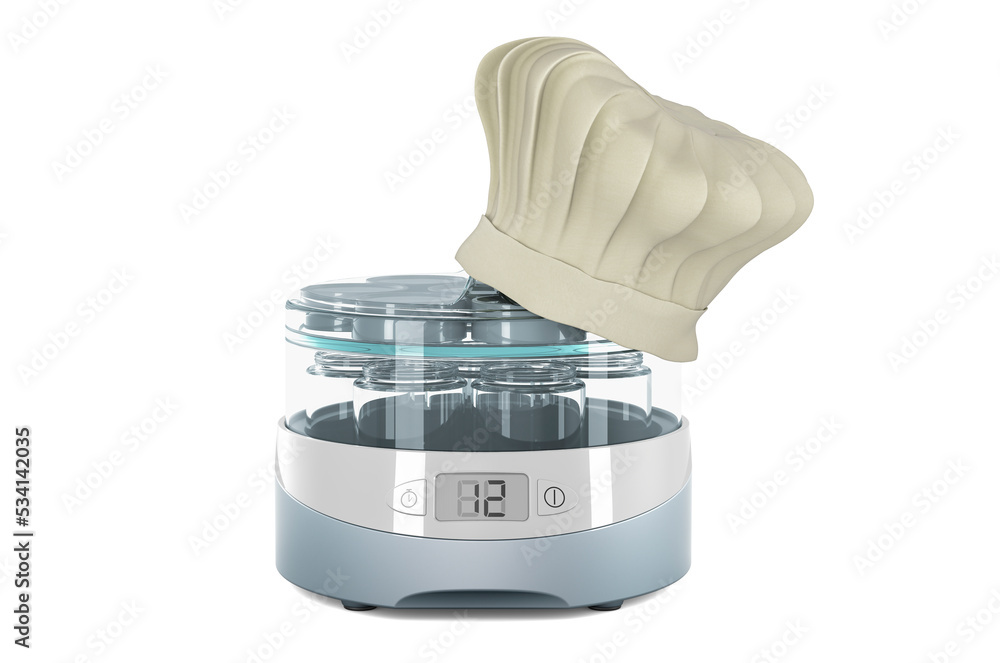 Poster automatic yogurt maker with chefs hat, cooking concept. 3d rendering
