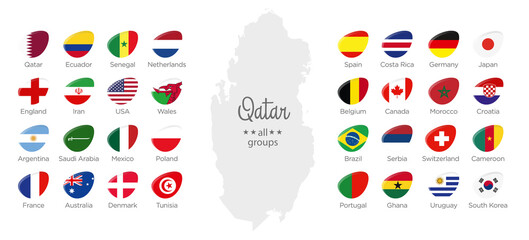 Modern icon flags of the countries participating in the 2022 World cup championship in Qatar by groups