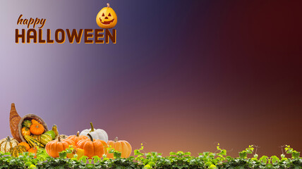 Happy Halloween poster or party invitation background. illustration. Full moon, trees, flying witches, cat, pumpkin, place for text