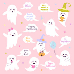 Cute pink halloween ghosts set with sayings in speech bubbles. Magic baby characters with different emotions, facial expressions and accessories. Perfect for holiday, decoration, stickers, icons.