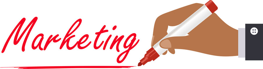 hand of african american business man or woman writes the word marketing