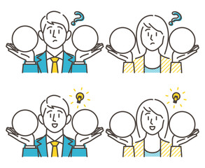 Male and female business person or couple comparing blank space in both hands [Vector illustration].