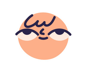 Cute face avatar with thinking, dreaming expression. Funny emoticon imagining, smiling. Happy emoji dreamer looking for with ideas, memories. Flat vector illustration isolated on white background