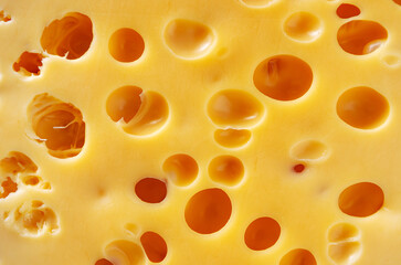 Texture of the yellow cheese with large holes.  Food background.
