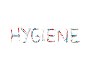 Fototapeta na wymiar The word „hygiene“ written with blue, red and white striped toothpaste, toothpaste letters 
