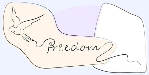 Freedom inscription. Flying bird in line art style. Minimalistic trend vector illustration.