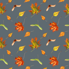 Watercolor seamless pattern with colorful autumn leaves and seeds.