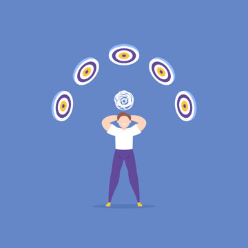 A Businessman Dizzy And Stressed Because There Are Too Many Targets To Be Achieved. Confused To Choose Or Set A Target Or Goal. Make A Decision, Choice, Option. Depressed People. Concept Illustration 